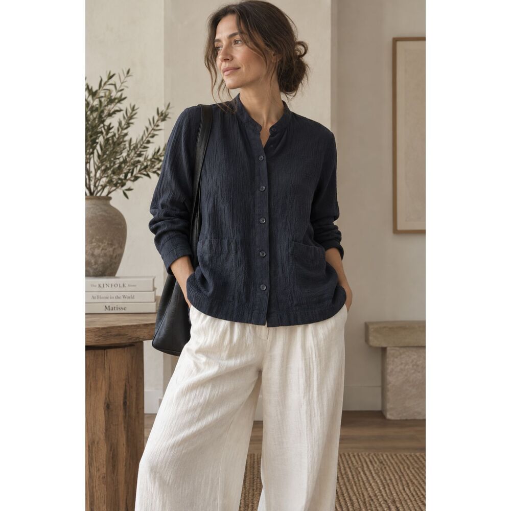 Eileen Fisher Organic Black Button Up Long Sleeve Shirt Top Women's Size Medium